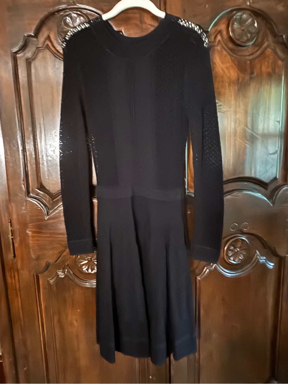 BCBGMaxAzria Black Long-Sleeve Knit Fit & Flare Dress with Embellished Shoulders